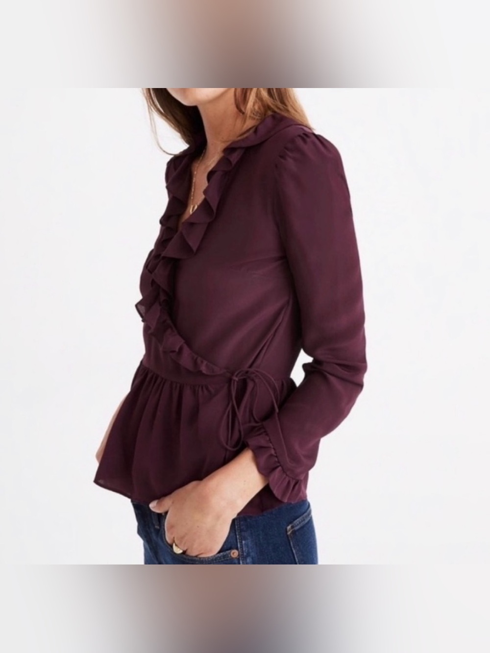 Madewell 100% Silk Women’s Small Dark Plum Ruffle Wrap Peplum Long Sleeve Top - Picture 3 of 12